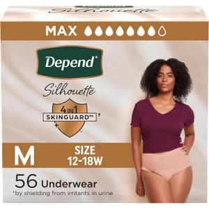 Depend Silhouette Adult Incontinence & Postpartum Bladder Leak Underwear for Women, Maximum Absorbency, Medium, Pink, 56 Count (2 Packs of 28), Packaging May Vary