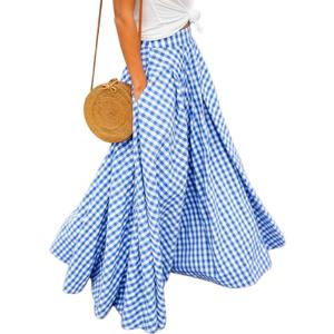 Women's Gingham Plaid Maxi Skirt High Waist A-Line Pleated Summer Skirt | Classic Vintage Swing Flared Long Skirt Soft Breathable Lightweight Comfy Casual Wear For Daily Outings Beach and Vacation (Blue, M)
