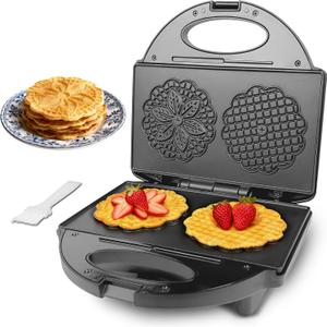 FineMade Pizzelle Maker with Non-Stick Coating, Electric Pizzelle Cookie Baker Press with Snowflake Pattern, Make Two 4 Inch Traditional Italian Waffle Cookies at Once, Recipe Included