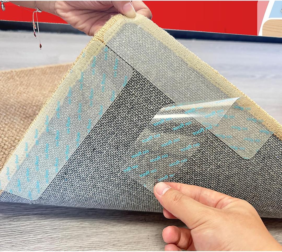 Rug Non Slip Grippers, 12pcs Large Carpet Tape Pads Removable, Strong Adhesive Without Residue, Double Sided Rug Carpet Tape Strips
