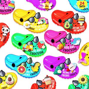 2 x Shoe Charms Valentines Day Cards Gifts for Boys Girl Classroom Exchange, 24 pcs Valentines Cards with 48 Shoe Charms for Kids School Party Favor