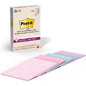 Post-it 100% Recycled Paper Super Sticky Notes, Lined, 4 in. x 6 in., 4 Pads, 45 Sheets per Pad, Wanderlust Pastels, School Supplies and Office Products