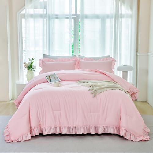 ANGIYUIN 5 Pieces Pink Twin Size Comforter Set for Girls Ruffled Kids Bed in A Bag with Sheet Sets Farmhouse Shabby Bedding Sets with Ruffle Soft Fluffy Bed Sets (Pink Twin)