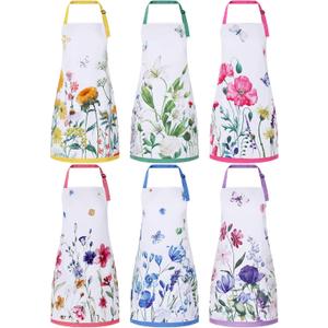 Bencailor 6 Pcs Spring Kitchen Aprons with Pockets Flower Rooster Bee Butterfly Sunflower Summer Aprons Bulk for Women (Multicolored, Spring Floral)
