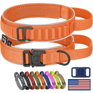 HYDEME Tactical Dog Collar, Alpine Loop Adjustable Military Training Nylon Dog Collars with Handle and Reflective for Small Medium Large Dogs, with Airtags Protective Case & Patches.(L,Orange)