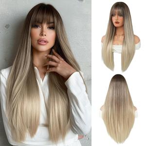 PARK YUN 28 Inch Long Straight Wig with Bangs for Women Ash Brown to Platinum Blonde Ombre Synthetic Wig Natural Layered Hair for Daily Use & Cosplay