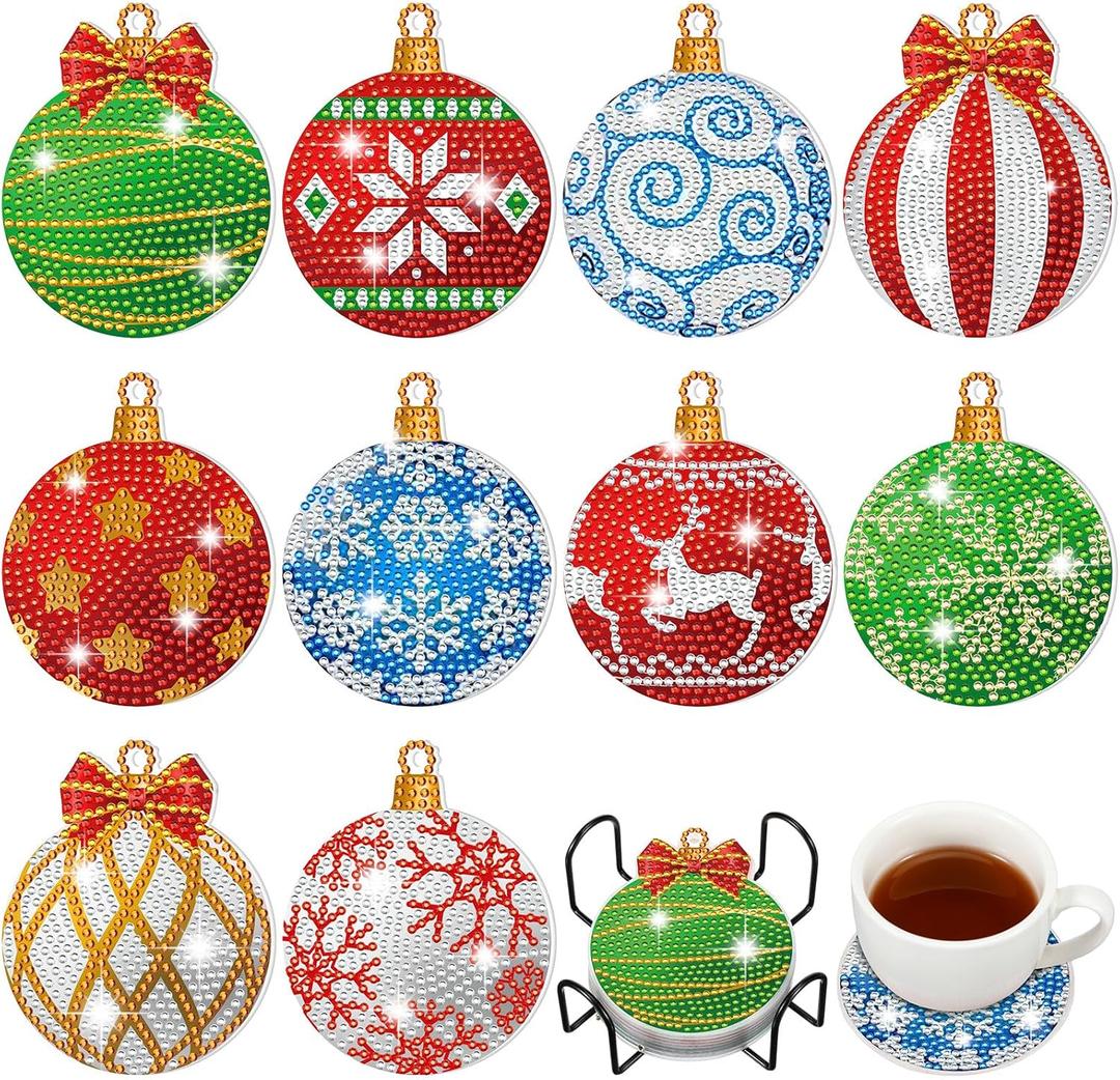 10 Pcs Christmas Ball Diamond Art Coasters DIY Red and Green Snowflake Elk Christmas Diamond Painting Coasters 5d Full Rhinestone Xmas Art Set for Adults Beginner