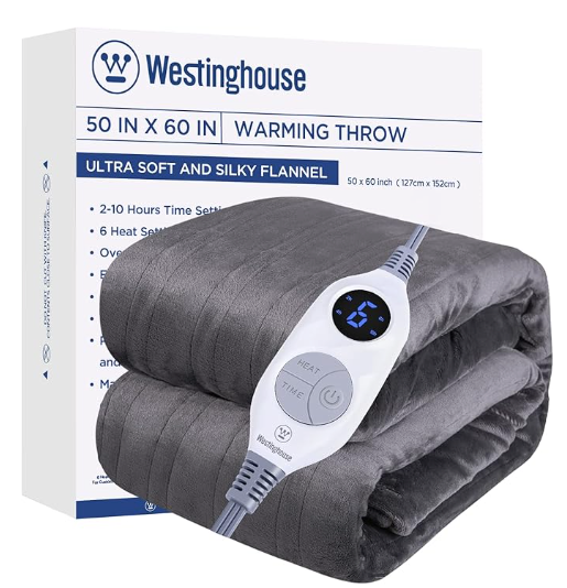 Westinghouse Heated Blanket Throw, Electric Throw with 6 Heating Levels, 210 Hours Time Settings, Overheat Protection, Machine Washable, Flannel (Throw, 50x60 Inches, Charcoal)