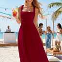 Kaximil Women's Square Neck Corset A Line Maxi Dress Ruffle Ruched Waist Flowy Long Dresses (Red)
