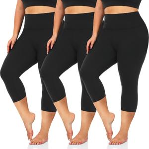 3 Pack Women's Plus Size Capri Leggings High Waist Tummy Control, Stretchy Yoga Workout Pants (4X) - Spandex Elastic Fit (Black)