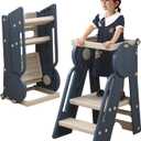 UNICOO Kids Toddler Tower & Ladder, Kitchen Step Stool, Months 12-84 Learning Stool with Adjustable Guardrail, Toddler Step Stool for Kitchen (Cool Blue)(OM-F3)