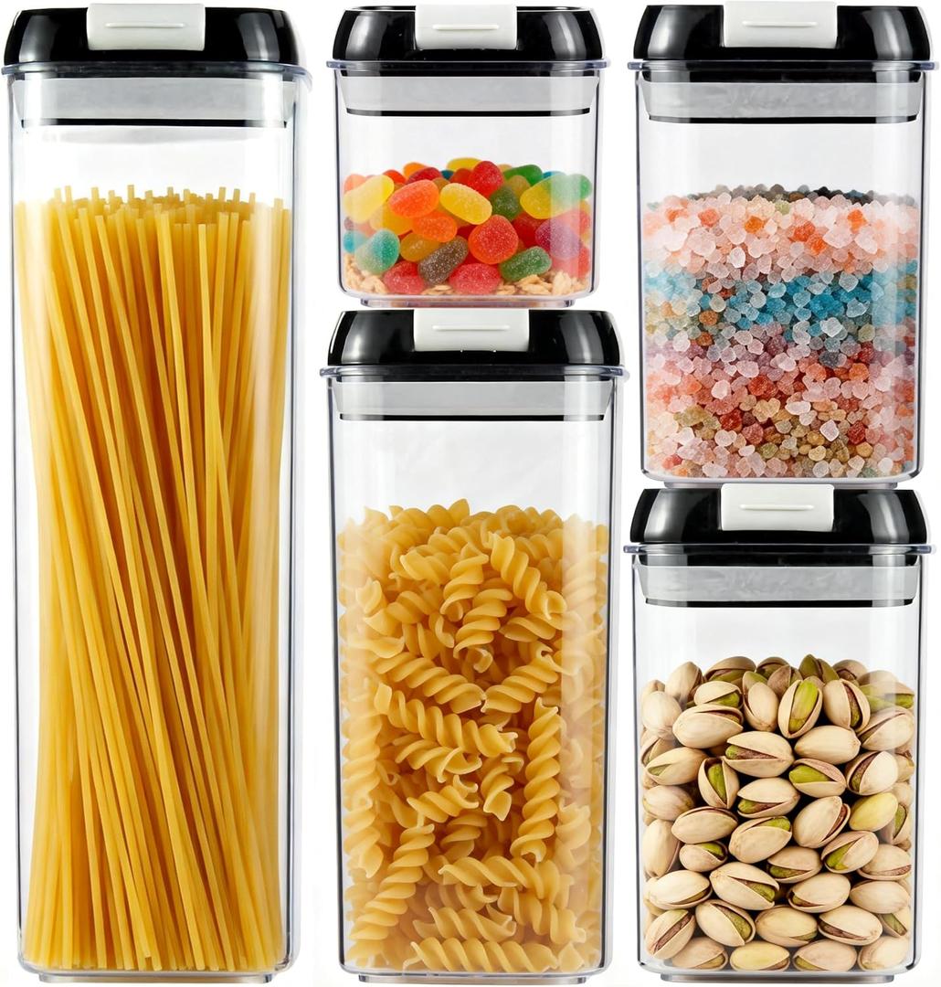 5-Piece Airtight Food Storage Containers Set with Lids, BPA-Free Plastic Kitchen & Pantry Organization Canisters for Cereal, Pasta, Snacks, Flour, Sugar & Dry Foods