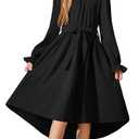 Arshiner Girls Long Sleeve Dress Fall Casual High Low Flowy Swing Midi Holiday Party Dresses with Belt Black , 14