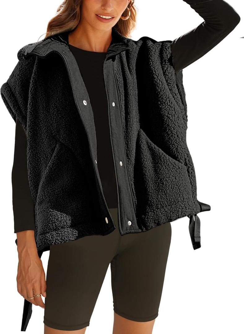 Sherpa Jacket for Women Casual Fleece Vest Oversized Sleeveless Outwear Warm Button Down Gilet with Pockets (Black, M)