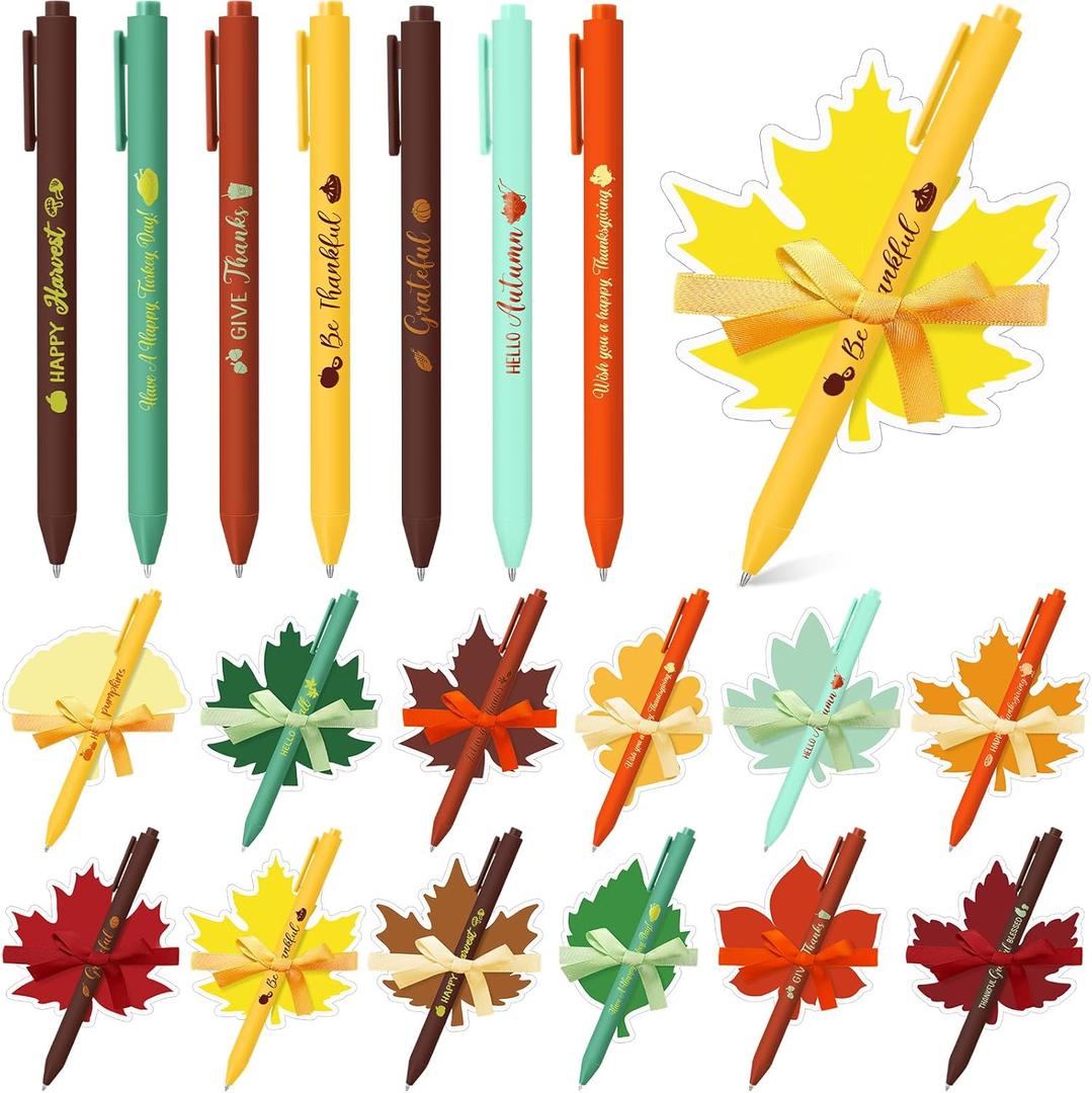 Pasimy 24 Set Thanksgiving Sticky Notes and Pens Set Classroom Gifts Fall Party Favors Fall Pens Pumpkin Maple Leaf Acorn Shaped Notepads Ballpoint for School office Supplies(Pure Color, Maple Leaf)