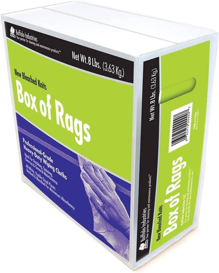 Buffalo Industries (60200) New White Bleached Knit Rags, 1 lb. box - All-Purpose Wiping, Cleaning, Polishing, Medium-Weight T-shirt Material, Washed and Bleached for Super Absorbency and Low-Linting