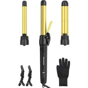 Rotating Curling Iron Set for Long Hair, Automatic Curling Wand Easy to Use Get Beach Waves 3 Interchangeable Ceramic Barrels 0.75" 1" 1.25", 5 Heat Settings up to 430F, Dual Voltage (Black)