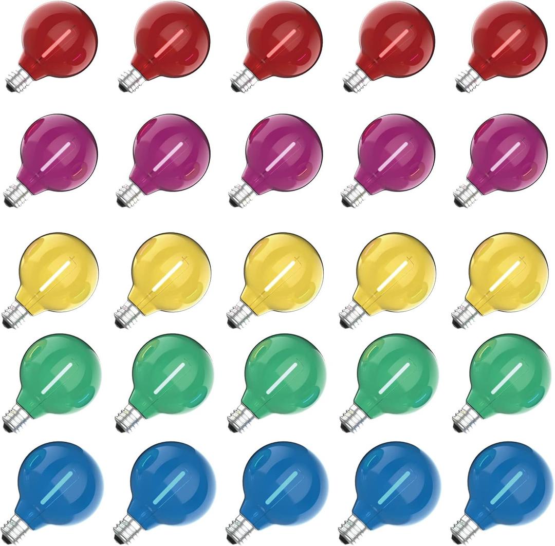 Meconard 25 Pack G40 Colored LED String Light Bulbs, E12/C7 Candelabra Base Shatterproof LED 1 Watt Globe Replacement Bulbs, Multi-Color: Red/Green/Blue/Orange/Purple