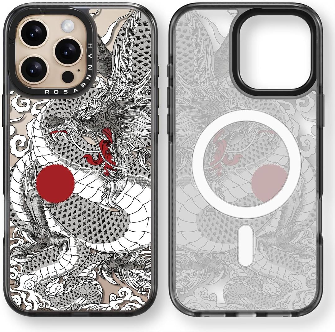 Rosarnnah Magnetic for iPhone 16 Pro Max Magsafe Case Cute - Durable Shockproof 6.6 ft Drop Impact Phone Case - Black Funny Chinese Dragon Design for iPhone 16 Pro Max 6.9"