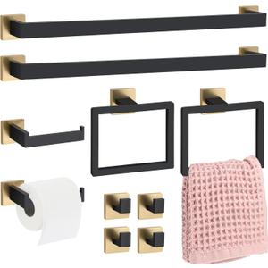 Gisafai 10 Pcs Black Gold Bathroom Hardware Accessories Set 23.6 Inch Bath Towel Bar Kit Stainless Steel Bathroom Hardware Set Towel Racks Ring Robe Hooks Paper Holder for Wall Mounted
