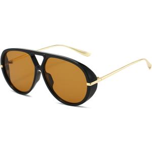 PORADAY Oversized Aviator Sunglasses for Women Men Retro Large Frame Shield Sun Glasses Trendy Vintage Shades(Black/Brown)