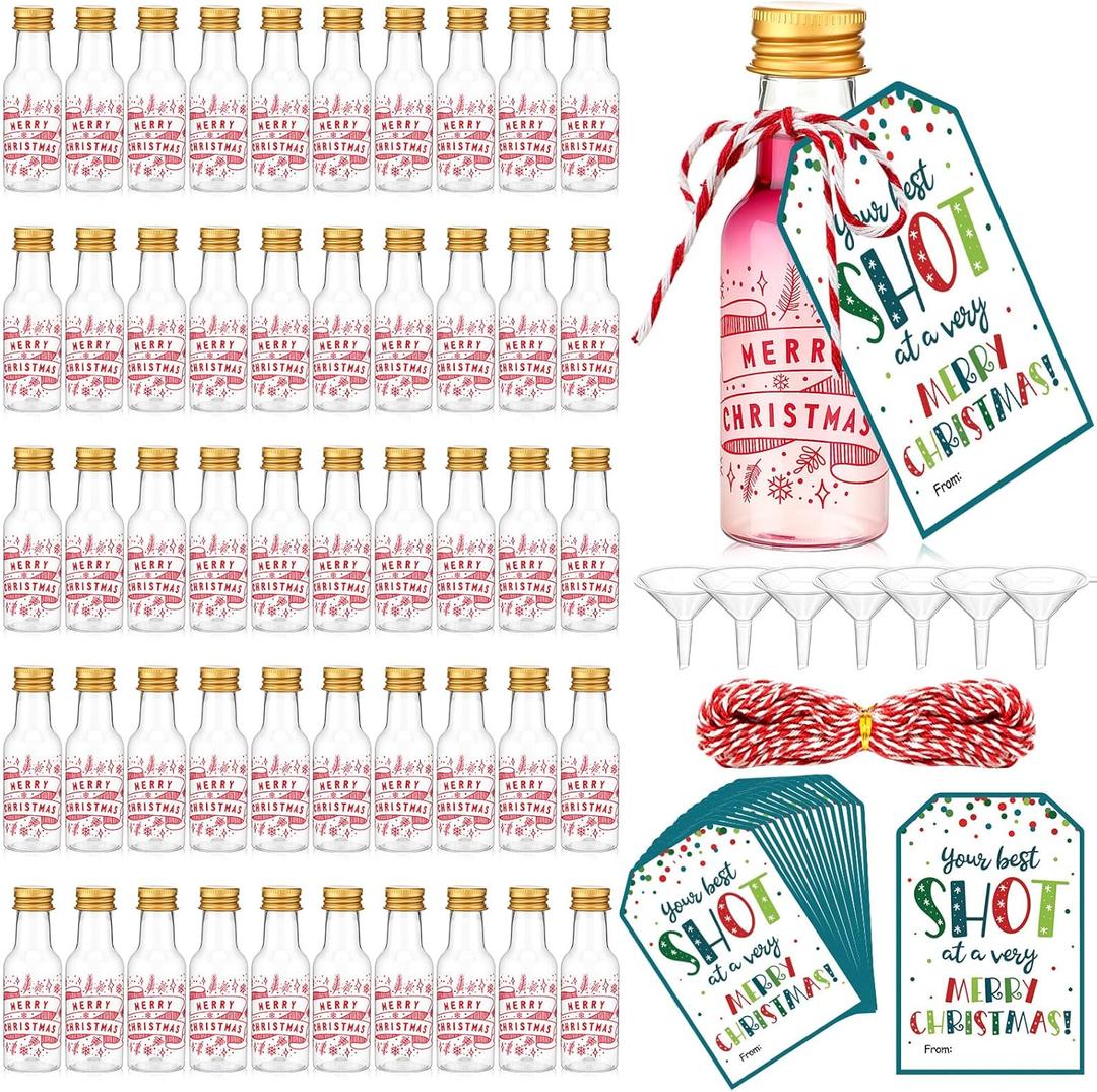 Potchen 50 Set Mini Liquor Bottles Christmas Party Favors for Guests Xmas Mini Plastic Bottle 1.8oz/50ml Shot Bottles with Gold Screw Caps Funnels Xmas Tags and Ropes for Christmas Party Decorations
