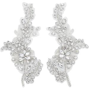 FINGERINSPIRE 2 PCS Handmade Beaded Crystal Patches Sparkly Sewing Floral Rhinestone Lace Applique Patch Clear Glass Rhinestones Embroidery Lace Patches for Wedding Dress Decoration Clothes Accessory