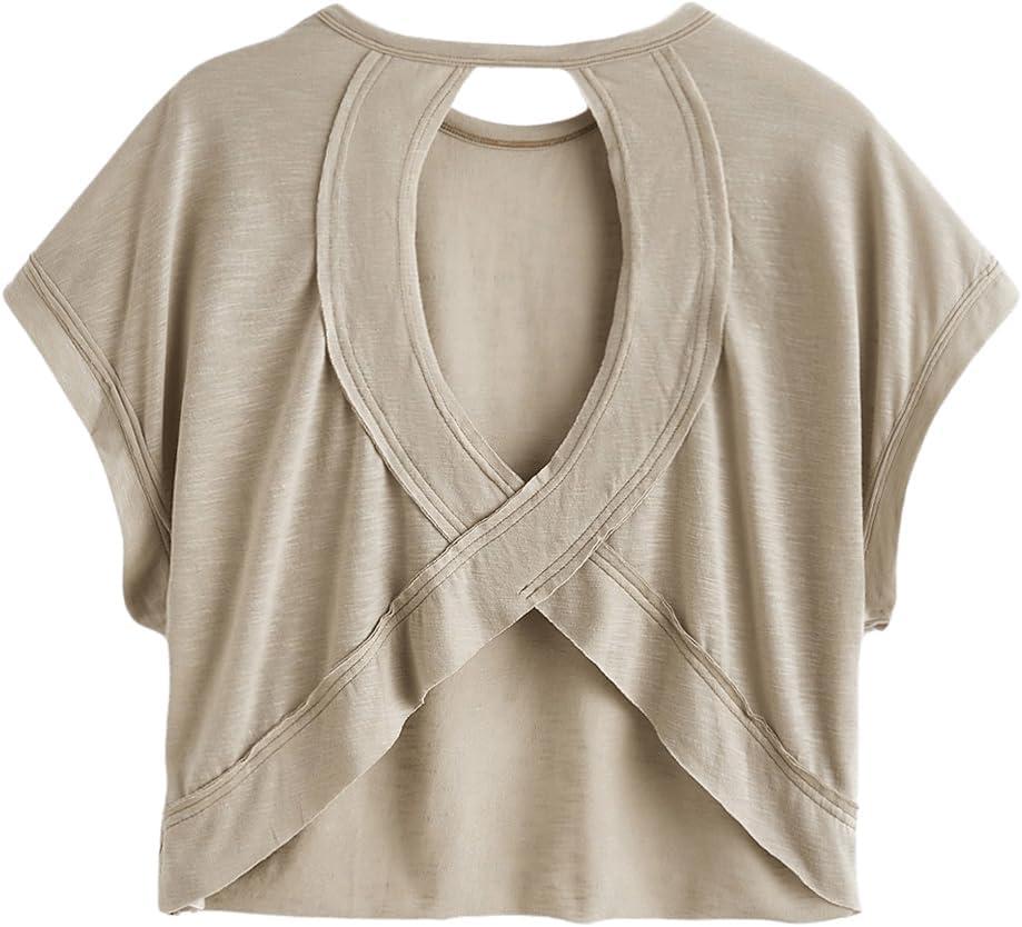 SOLY HUX Women Open Back Tops Workout Backless Tee Casual Athletic Shirts Short Sleeve Oversized Gym T Shirt Plain Brown X-Large (Beige, XL)