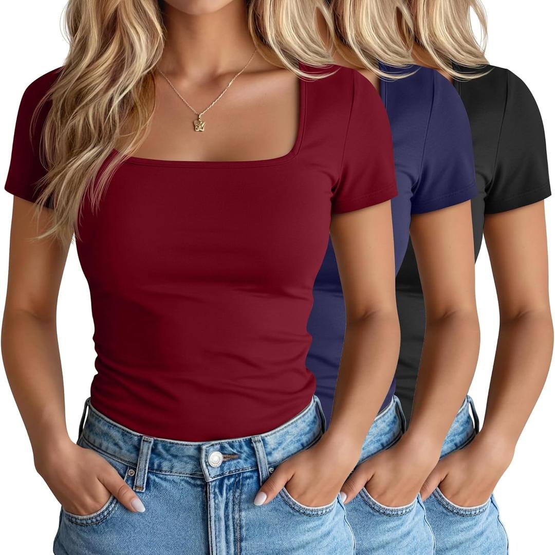 Ficerd 3 Pack Women's Square Neck Shirts, Short Sleeve Slim Fit Tops Scoop Neck Summer Casual Basic T-Shirts Tee M