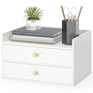 Bamboo Desk Organizer with Drawers Wooden Desktop Storage Drawers for Bills Office Supplies Kitchen Utensils Organizing Tool for Home Classroom Organization No Assembly (2 Drawers, White)