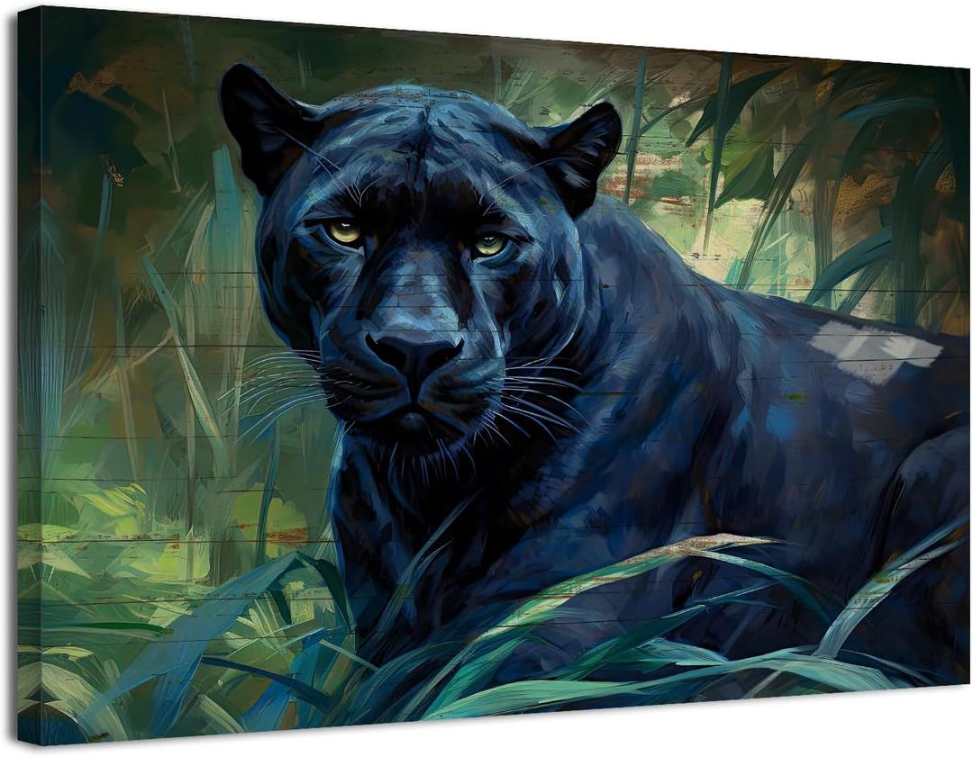 Black Panther Wall Art for Living Room Black Leopard Cheetah Canvas Prints Green Rainforest Animals Wall Decor Jungle Wildlife Pictures Rustic Hunting Cabin Decor for Bedroom Office Decorations 12x16" (16L" x 12W")