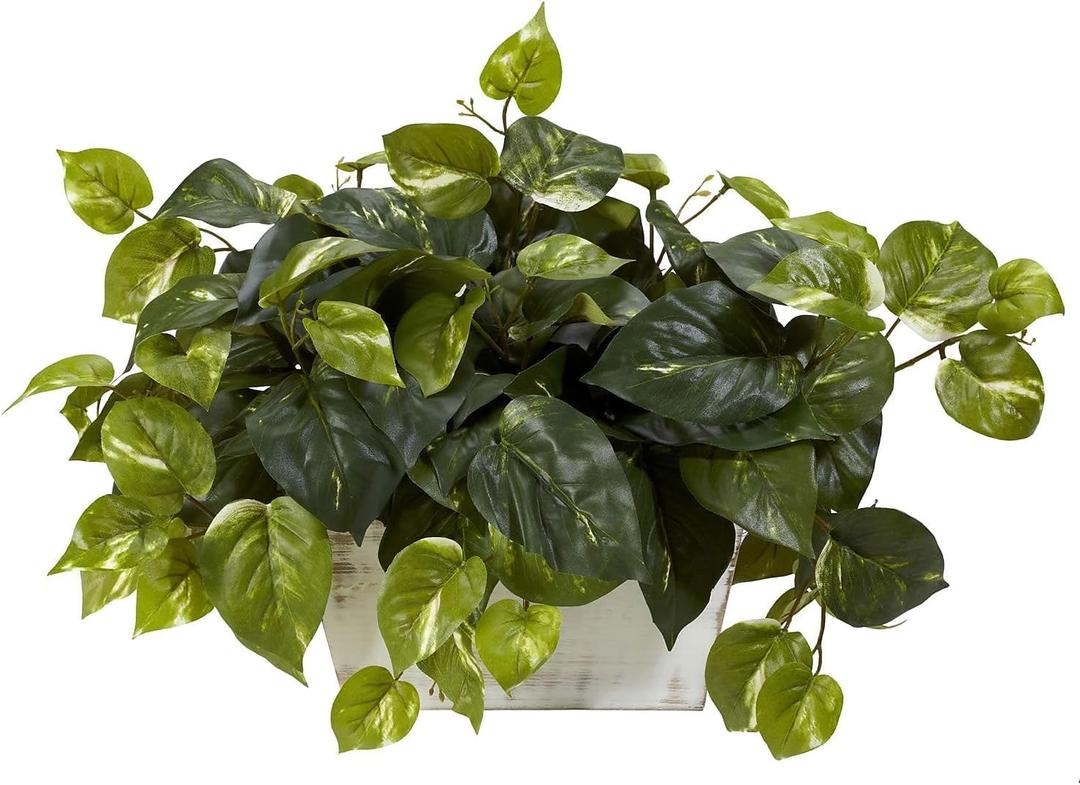 Nearly Natural 6713 Pothos with White Wash Planter Decorative Silk Plant, Green,20.5" x 12" x 6"