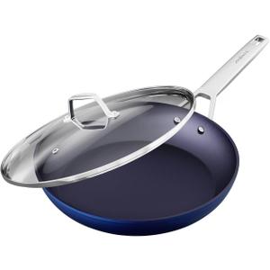 MsMk Non stick frying pan set with lid Blue, 12-inch Durable skillet, Titanium and Diamond Non Stick Non-Toxic Coating From USA, Even Heating, Easy Clean-Up, Comfort Handle, Induction Compatibility