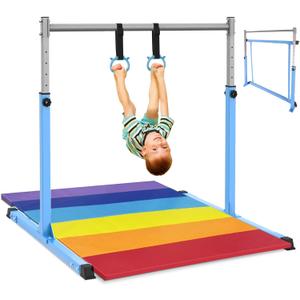 Safly Fun Gymnastics Bar for Kids Ages 3-15 for Home - Steady Steel Construction, Anti-Slip, Easy to Assemble, 3' to 5' Adjustable Height (Blue with Mat)