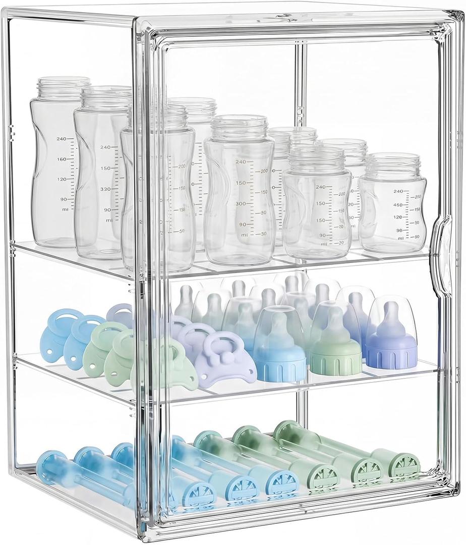 Baby Bottle Organizer for Countertop, X-Large Clear Bottle Storage Organizer, Baby Bottle Storage Organizer for Bottles, Nipples, Pump Parts & Food Jars, Nursery Cabinet, Kitchen Pantry (X-Large: 15.35" x 9.84" x 11.42")