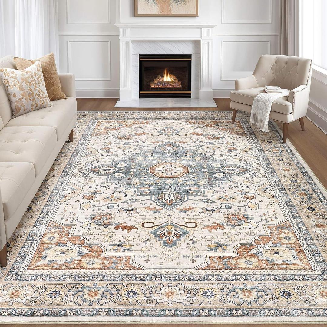 8x10 Area Rugs Living Room: Washable Boho Large Neutral Vintage Soft Rug Stain Resistant Distressed Farmhouse Non-Slip Indoor Floor Carpet for Bedroom Nursery Kids Office Dining Room - Beige/Blue
