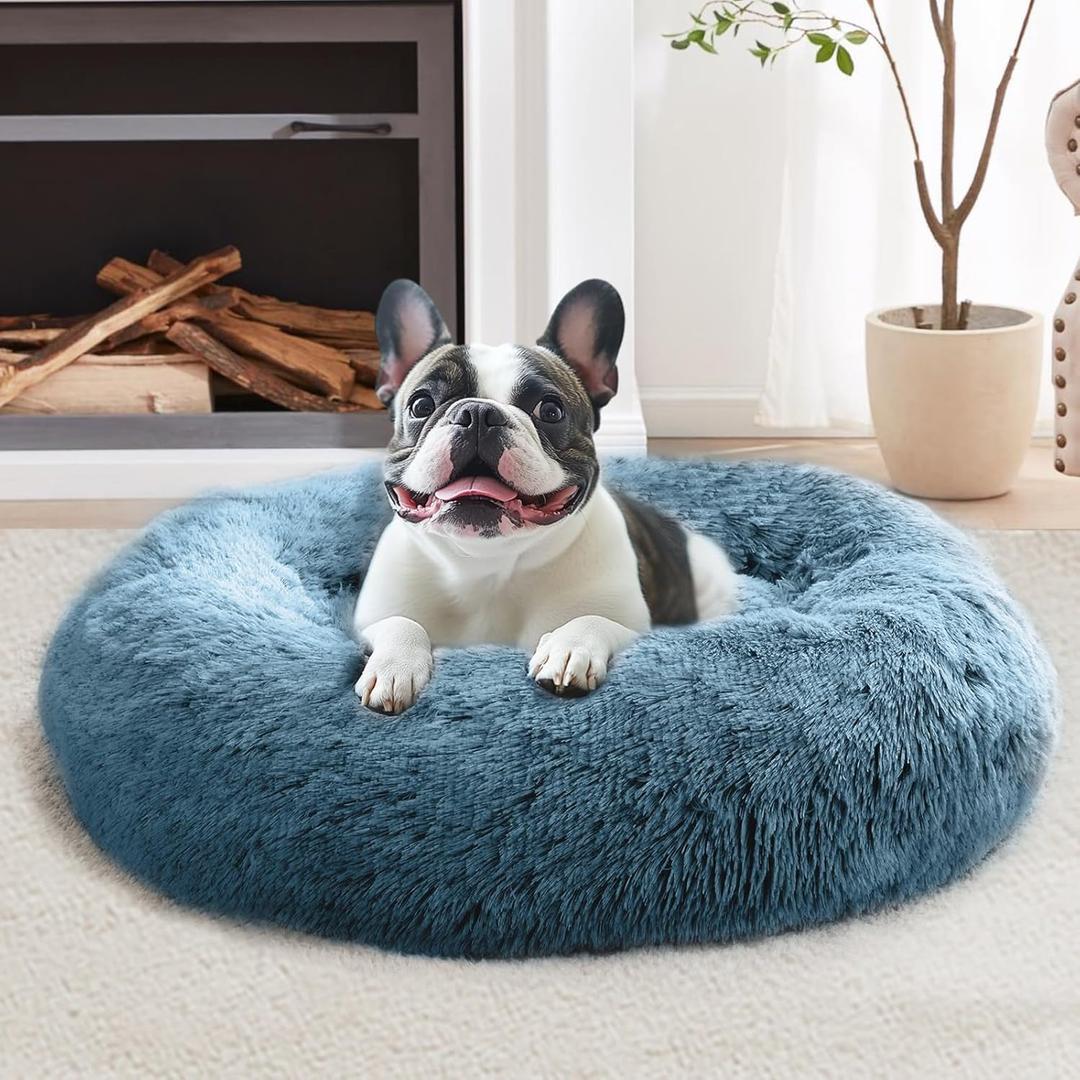 JOLLYVOGUE Calming Dog Beds Large Sized Dog, 36in Donut Washable Large Pet Bed, Anti-Slip & Anti-Anxiety Fluffy Faux Fur Round Dogs Bed, Fits up to 80 lbs Pets (Blue)
