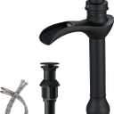 BWE Matte Black Vessel Sink Faucet Waterfall Single Hole Handle with Pop Up Drain Stopper Assembly and Supply Hose Bathroom Faucet Vanity Lavatory Mixer Tap Tall Body