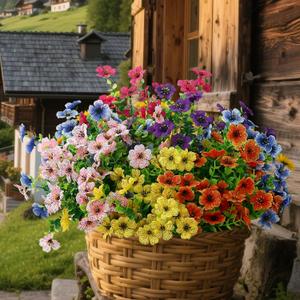 summer flower Fake for Decoration, 12 Bundles Outdoor Fakeplants, Outdoor Silk Artificial Flowers Uv Resistant for Planter Front Door Porch Yard Patio (6 Mix Color-12)