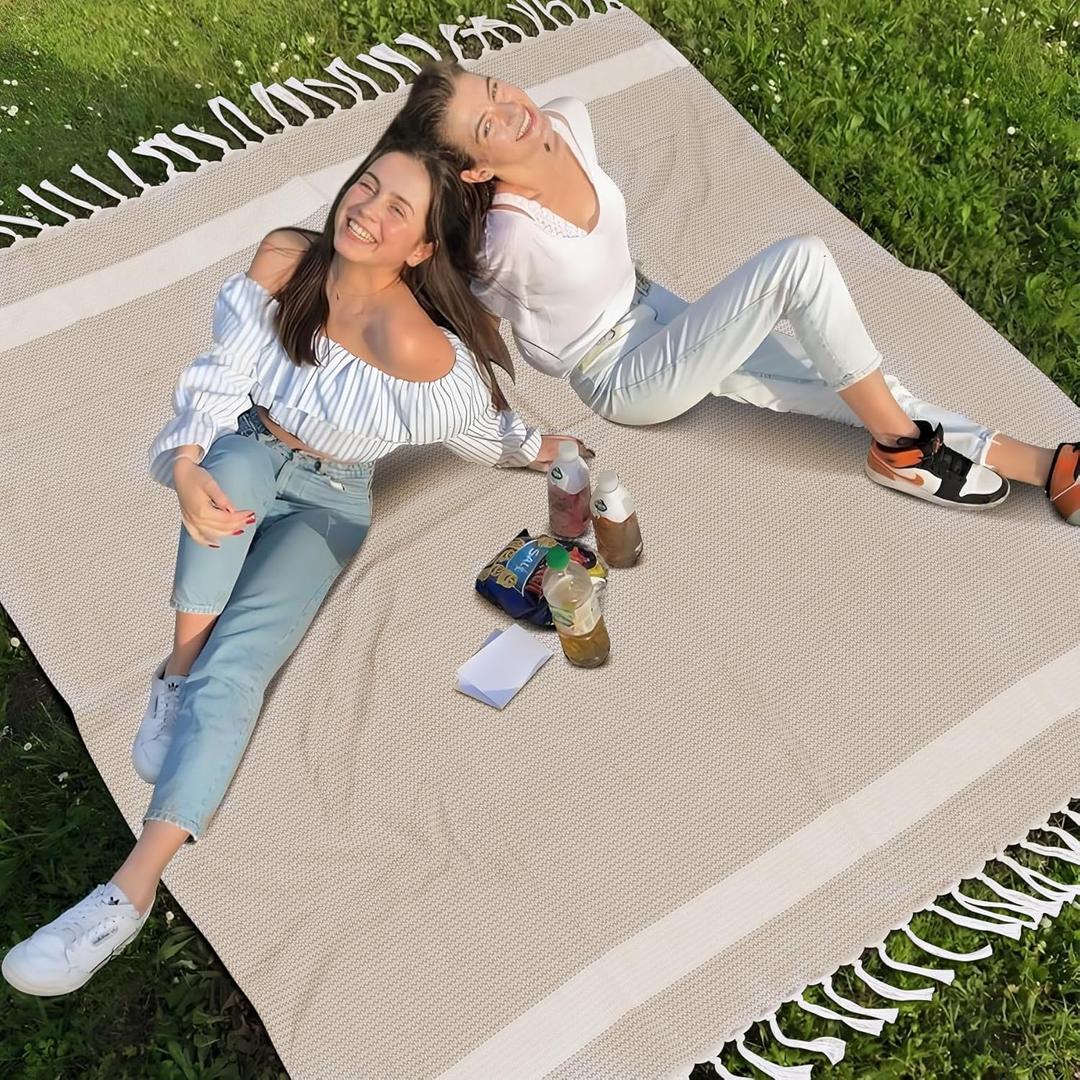 Jumbo Turkish Beach Towel Blanket Picnic Ourtdoor Mat Oversized Sandproof Fast Dry Thin Extra Large Xl Huge Linen Compact Organic Cotton Summer Vacation Gifts Travel Essential Cruise Ship Necessities (Giant Large 82'' x 90'', Beige)
