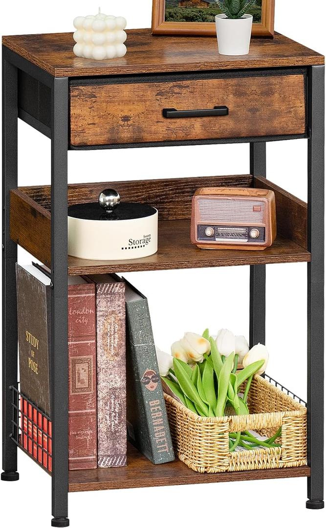 Lerliuo End Table with Fabric Drawer,3 Tier Industrial Wood Side Table with Storage,Modern Tall Printer Stand,Vintage Brown Nightstand,Rustic Bedside Tables for Living Room Bedroom Small Spaces (1 pack)