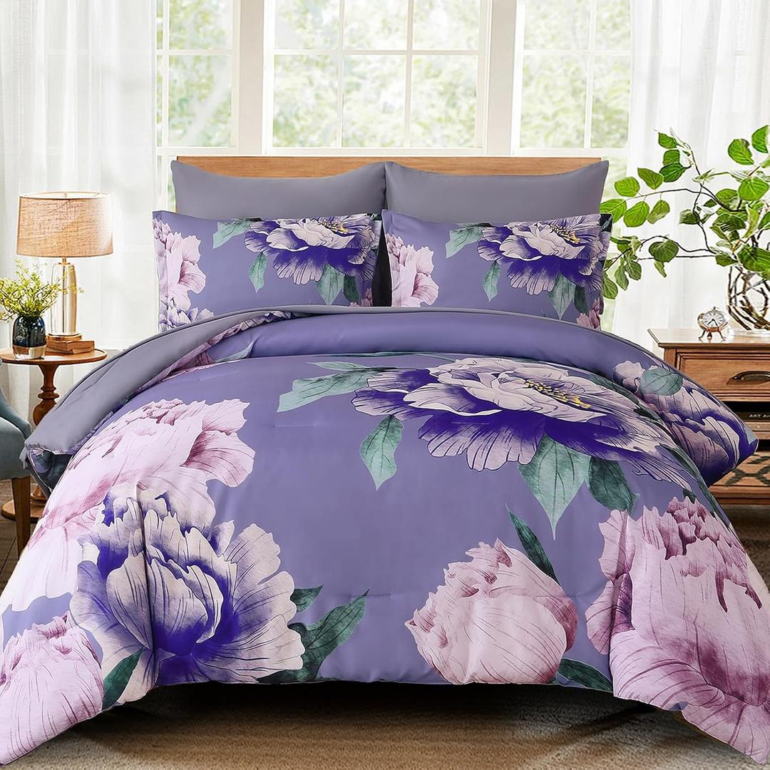 Dobuyly Floral Comforter Set Queen 7 Piece Purple Pink Flower Bed in a Bag