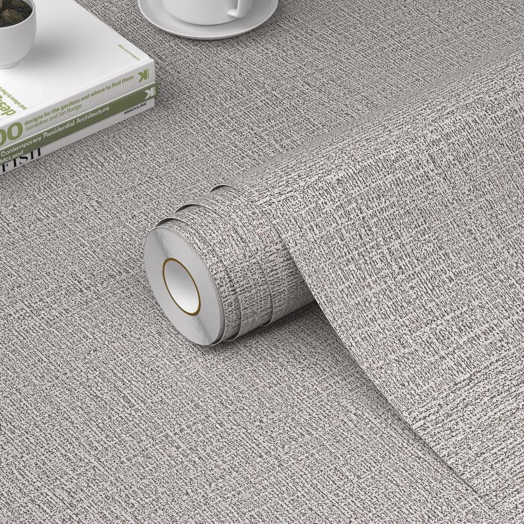 WADILE Grasscloth Peel and Stick Wallpaper 23.6in x 472in, Textured Contact Paper for Cabinets, Faux Linen Wall Paper Pull and Stick, Fabric Vinyl Wallpaper Self Adhesive Light Gray