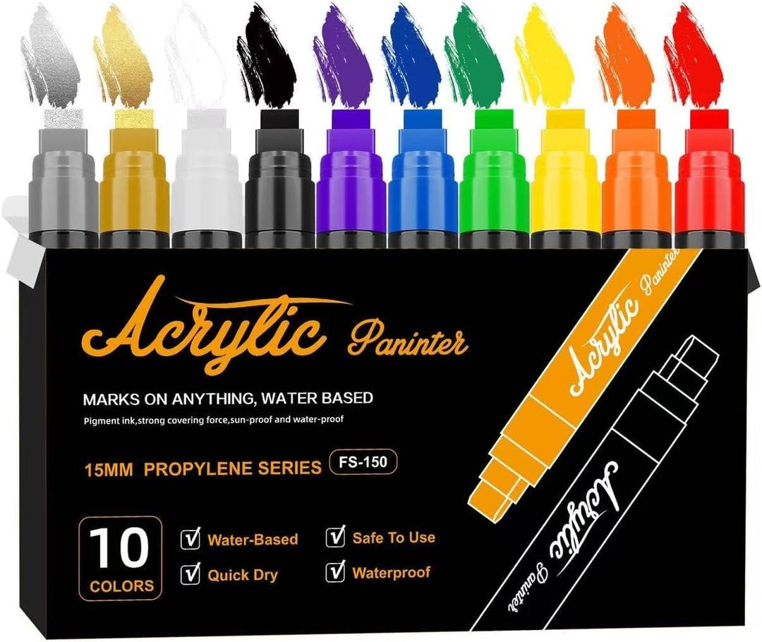 Acrylic Paint Markers, 15mm Jumbo Felt Tip, 10 Colored Waterproof and Permanent Paint Pens for Tagging, Signs, Calligraphy, and Outdoor Paintings Acrylic Paint Markers, 15mm Jumbo Felt Tip, 10 Colored Waterproof and Permanent Paint Pens for Tagging, Signs, Calligraphy, and Outdoor Paintings