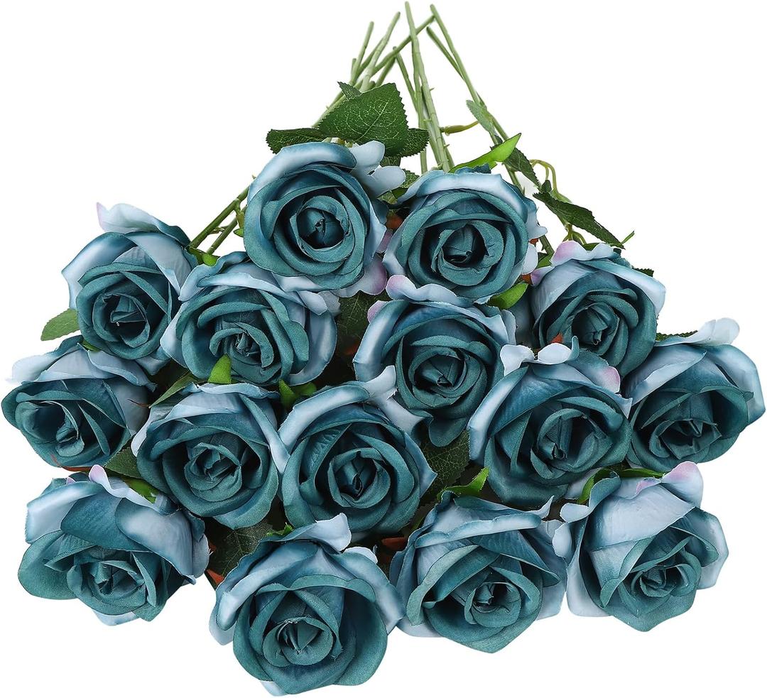 80 Pcs Roses Artificial Flowers, Silk Gradient Dusty Blue Artificial Flowers Petals Long Stem Roses for Mom Bouquet Home Party Decor