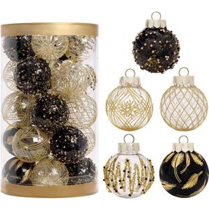 25PCS Christmas Ornaments Set, 2.36"/6CM Clear Plastic Shatterproof Christmas Ball Hanging Ornaments for Xmas Tree Decorations, for Indoor Home Party Holiday Decor - Black/Gold.