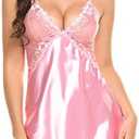Avidlove Women Lingerie V Neck Sexy Nightwear Satin Sleepwear Lace Chemise Mini Babydoll Nightgown, Large, Pink