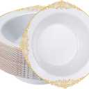 50 Pack White Plastic Bowls with Gold Relief Rim, 12oz Plastic Salad Bowl, Disposable Bowls for Party, Dinners, Weddings, Christmas, Thanksgiving, Valentine's Day