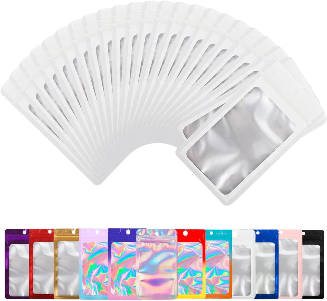 100 Pack Mylar Bags with Clear Window,Food Storage Smell Proof Bags,Scratch Resistant Hand Packaging,Resealable Bags for Small Bussiness Cookies Candy Sample (White, 3.94 * 7.09 inch)