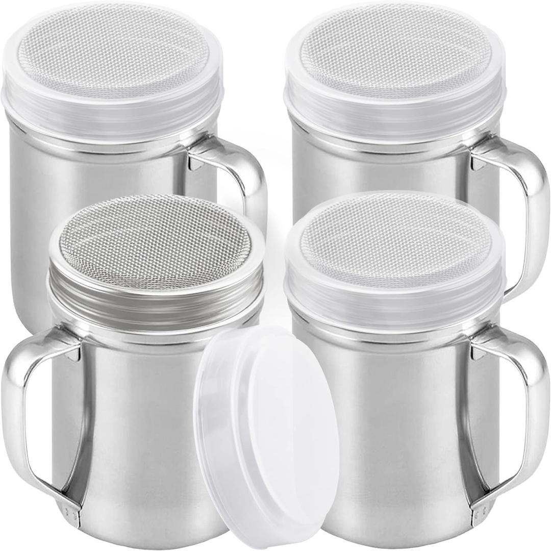 CUSINIUM 14 Ounce Powdered Sugar Shaker Duster With Handle - Fine Mesh - With Plastic Cap - Pack of 4 (Silver)